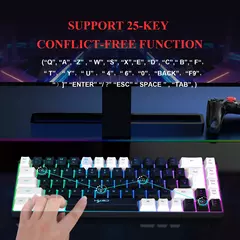Teclado para jogos com fio USB, 68 teclas, 20 RGB Backlight, Keycaps preto e branco, Windows Laptops, Computador na internet