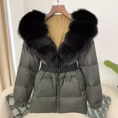 Imagem do Oftbuy 2024 jaqueta de inverno feminina gola de pele de raposa natural real com capuz grosso quente 90% pato branco para baixo casaco feminino streetwear casual