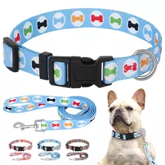 Cute Puppy Dog Collar e conjunto de trela, ajustável cães e gatos colarinho impresso, andando Leash chumbo, colar chihuahua, osso impressão