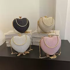 Bolsa de metal brilhante em forma de coração para mulheres, bolsa de ombro, bolsa crossbody, corrente, luxo, senhora, moda