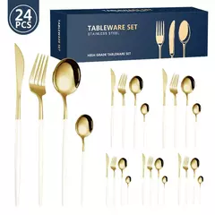 Imagem do Conjunto de talheres de aço inoxidável, faca e garfo, produto comestível, durável, 4 conjuntos de 6 pessoas, ouro, garfo, colheres, 24 pcs