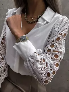 Elegante blusa sólida de chiffon feminina, camisa casual de manga comprida, camisa solta com decote V, túnicas de senhora do escritório, tops grandes, primavera, verão, 2024 - comprar online