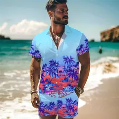 Conjunto de shorts e camisa de manga curta masculina para férias na praia, estampa havaiana solta, moda casual, verão