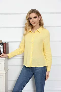 Imagem do Lazer Branco Amarelo Camisas Botão Lapela Cardigan Top Lady Loose Long Sleeve Oversized Camisa Mulheres Blusas Outono Blusas Mujer