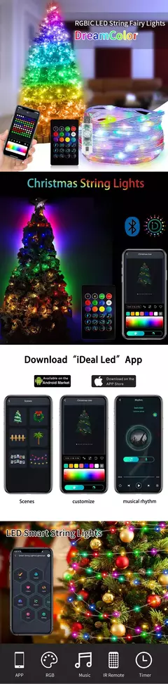 Imagem do Cordas de iluminação led fada à prova dwaterproof água bolha bola lâmpada bluetooth app controle remoto usb controlador música sonho cor natal