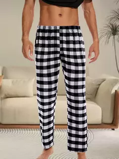 Conjunto de pijama xadrez solto masculino, tops casuais, Homewear