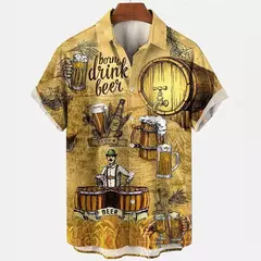 Camisa Retro de Cerveja Masculina Estampada 3D, Padrão para Beber Natal, Engraçado Street Top, Casual Manga Curta, Blusa de Botão, Roupas - loja online