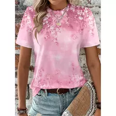 Camiseta colorida com padrão de borboleta feminina, camisetas estampadas com flores 3D, camiseta solta na moda, manga curta, tops redondos com pescoço, vívido
