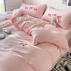 Cute Pink Bows Embroidery Duvet Cover Set, Conjuntos de cama 3D Confortável Rainha Consolador, capas macias para meninas, crianças, adolescentes - Wolf Magazine