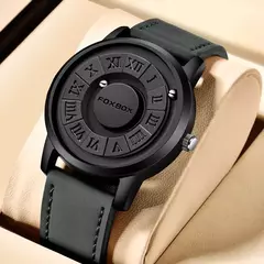 FOXBOX-Relógio de pulso masculino de quartzo magnético, ponteiro de rolagem criativo, relógio de couro genuíno