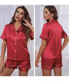 Conjunto de pijamas de cetim de seda feminino, conjunto de pijamas de duas peças, manga curta, loungewear button-down - comprar online