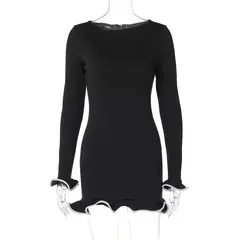 Talenza-Mini vestido de babado preto de cintura alta para mulheres, pulôver sexy slim, manga longa, saia curta, outono, vestido de festa bodycon