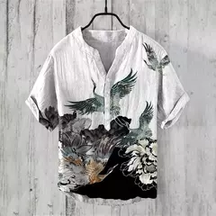 Camiseta casual de manga curta estampada masculina, camisa Henry estilo japonês