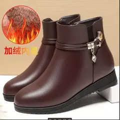 Botas de couro de strass para mulheres, sapatos de salto baixo, cabeça redonda,