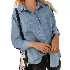 Camisa jeans feminina solta, bolso duplo, manga comprida, jaqueta casual versátil, primavera e outono, nova, 2024 - comprar online