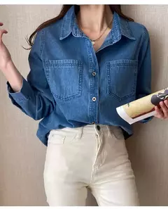 Camisa jeans azul retrô feminina, camisa de manga comprida, jaqueta jeans de peito único, camisas monocromáticas, novo design, outono, 2024