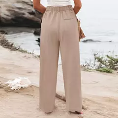 Calça larga de linho de algodão feminina, comprimento total, casual, monocromática, solta, cintura alta, reto, botão, verão - Wolf Magazine