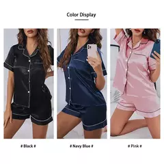 Conjunto de pijama feminino de botão, pijama cetim, tops e shorts, terno de 2 peças, loungewear para verão - loja online