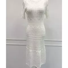 Imagem do Vestido de malha de manga curta feminino, seda gelada, branco, oco Fashion, Celebridade Linha A, Verão, Novo, 2024