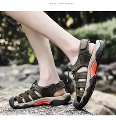 Imagem do Novas sandálias masculinas de couro genuíno macio sandálias sapatos masculino