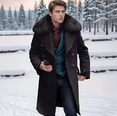 Casaco Casual de Lã dos homens europeus e americanos, outono e inverno, sobretudo de gola de pele trespassado dos homens jovens, S-5XL - comprar online
