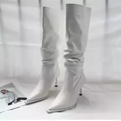 Botas femininas plissadas pontiagudas de cano alto, botas de salto fino na moda, botas longas abaixo do joelho, outono, 2024 - comprar online