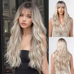 Ombre cinza sintético longo ondulado peruca com franja fofa para mulheres cabelo natural prateado cinza destaque perucas para uso diário cosplay - Wolf Magazine