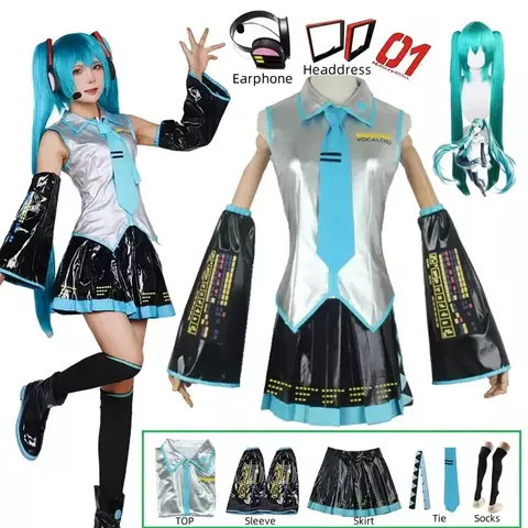 Miku cosplay conjunto completo de tecido de couro prata terno miku cosplay headwear traje roupa jk vestido de marinheiro uniforme do ensino médio santificar