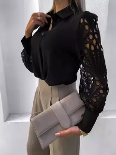 Imagem do Elegante blusa sólida de chiffon feminina, camisa casual de manga comprida, camisa solta com decote V, túnicas de senhora do escritório, tops grandes, primavera, verão, 2024