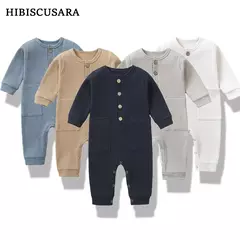 Primavera outono bebê recém-nascido macacão de algodão sólido macio infantil macacão com bolso menina menino manga longa bebe pijamas wodden botões