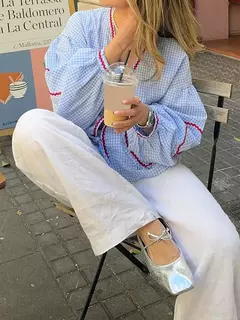 Camisas femininas com gola V, bordado de coração, xadrez, nó frontal, blusa de gravata, primavera, verão, tops casuais, moda, Y2K - comprar online