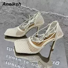 Imagem do Aneikeh-bombas de malha sexy para mulheres, sandálias de dedo quadrado, salto alto, lace-up, cross-tied, stiletto, vestido de festa, verão, 2022