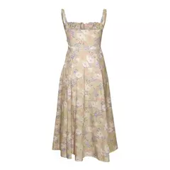 Vestido de verão estampado floral, Laço frontal feminino, Gola quadrada, Vestido de coxa dividido, Cinta de praia, Vestido de noite, Novo - loja online