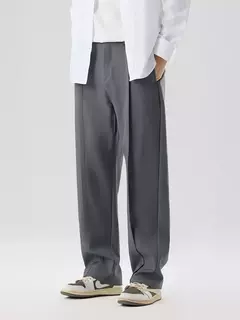 Calça casual plissada masculina, calça de terno plissada, cintura em faixas, estiramento, perna larga plissada, calça reta solta, nova, outono, 2023