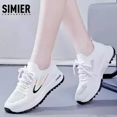 Tênis de malha para mulheres, Tênis de caminhada respirável, Sapatos brancos confortáveis, Tênis casuais, Calçado da moda