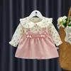 Outono novas meninas recém-nascidas vestido de manga longa dos desenhos animados fragmentado flor lapela bebê vestido de princesa flor cinta vestido