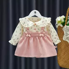 Outono novas meninas recém-nascidas vestido de manga longa dos desenhos animados fragmentado flor lapela bebê vestido de princesa flor cinta vestido