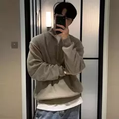 Pulôver de zíper com gola meia alta masculino, suéter de malha, jaqueta solta, roupa que combina com tudo, nova moda, primavera, outono, 2023 - loja online