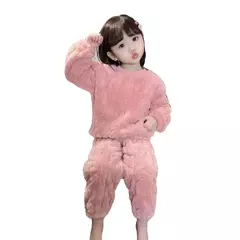 Pijama de flanela forrado coral para meninas, pijamas infantis, camisola infantil, quente, aconchegante, roupas de casa, cor sólida, outono, inverno - loja online