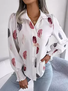 Mulheres Casual Pena Imprimir Collar Manga Longa Camisa Branco Rosa Azul - loja online