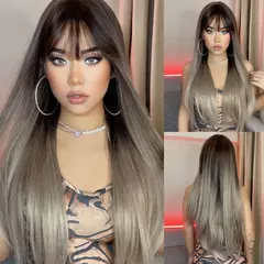 Luz vinho vermelho perucas sintéticas com franja para mulheres longa peruca de cabelo reto natural cosplay festa resistente ao calor