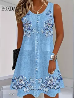 2025 mulheres verão sem mangas vestido boêmio moda imitar cowboy colete flores impressão vestido casual tanque vestidos de praia para mulher - loja online