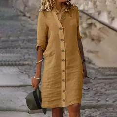 Saia Midi de Algodão Elegante Feminino, Vestido Casual, Manga Curta, Comprimento Médio, Decote V, Lady Robe, Vestidos de Verão, S-XL, 2022 na internet