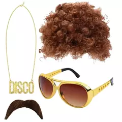 Conjunto de jóias traje perucas de cabelo encaracolado sintético peruca afro óculos de sol colar para adulto hip hop cosplay acessórios de festa adereço de cabelo - comprar online