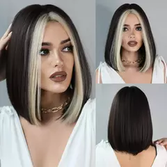 NAMM-peruca reta feminina, peruca de cabelo sintético com franja, resistente ao calor, preto e branco, cosplay diário de festa - loja online