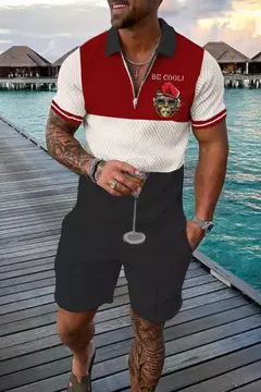 Conjunto de camisa polo e shorts masculino casual de manga curta com zíper gola v, moda verão, 2 peças, 2023 - Wolf Magazine