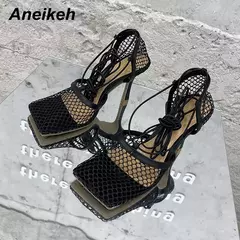 Aneikeh-bombas de malha sexy para mulheres, sandálias de dedo quadrado, salto alto, lace-up, cross-tied, stiletto, vestido de festa, verão, 2022 - loja online