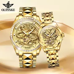 Imagem do OUPINKE-impermeável relógio mecânico automático para casal, tungstênio tira de aço, movimento importado, dourado, luxo, original