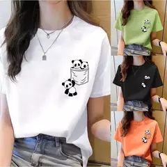 Camiseta estampada dos desenhos animados das mulheres, top de manga curta, bolso, panda, solta, gola redonda, moda coreana, verão, nova na internet