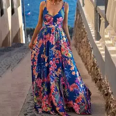 Verão impresso cintura vestido feminino 2024 comércio exterior roupas femininas com decote em v baixo peito festa grande saia vestido de balanço - comprar online
